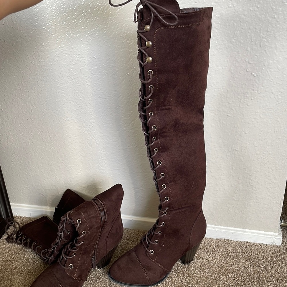 Chocolate brown faux suede over the knee lace up boots